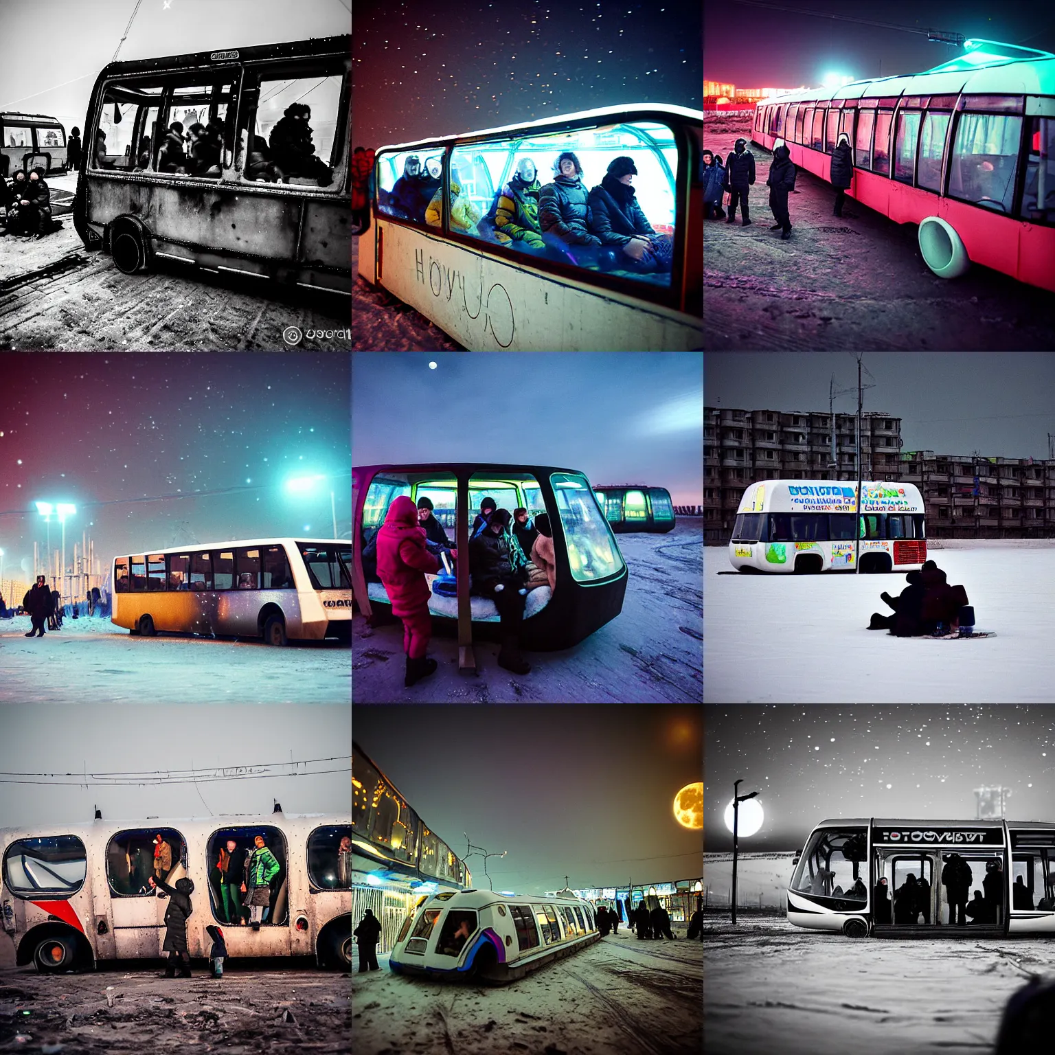 Prompt: people in hovercraft bus in a Russian cyberpunk slum city called Neo Norilsk on the Moon, at night, diverse, lively, black sky full of stars, blinding sun, sci-fi, lots of flying cars, levitation, cyberpunk outfits, photorealistic, grainy, 35mm, intricate, very very beautiful, elegant, smooth, cinematic, Unreal Engine 5, by Beeple, trending on Artstation HD