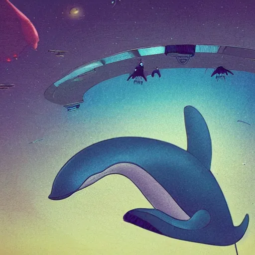 Image similar to a whale alien wistfully watches a spaceship fly away, sci-fi illustration,