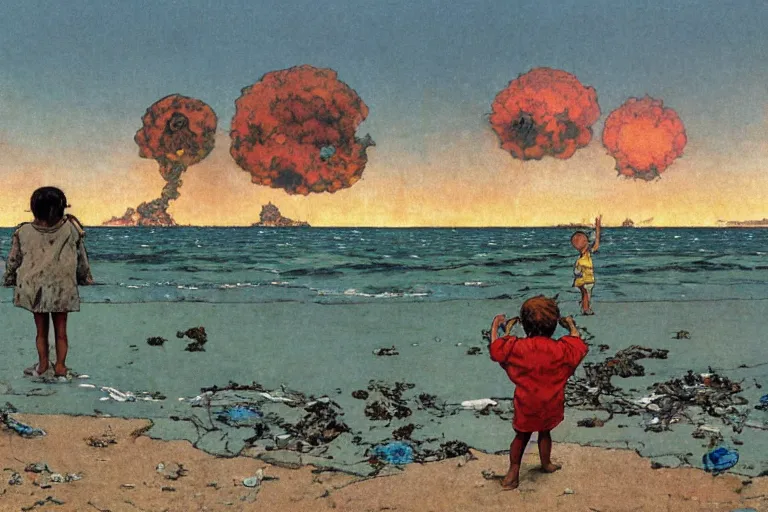 Image similar to children playing at empty beach, huge atomic explosion in the background, wide angle shot, oil on canvas by norman rockwell, by mattias adolfsson, by moebius and satoshi kon, hd, 4 k, high quality,