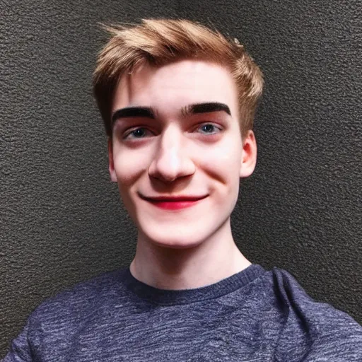 Image similar to “a realistic detailed photo of a guy who is an attractive humanoid who is half robot and half humanoid, who is a male android, twitch streamer Ninja Tyler Blevins, shiny skin, posing like a statue, blank stare, bedroom, close up”