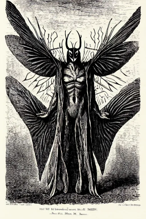 Image similar to mothman, as a demon from the dictionarre infernal, pen - and - ink illustration, etching by louis le breton, 1 8 6 9, 1 2 0 0 dpi scan, ultrasharp detail, hq scan, intricate details, stylized border