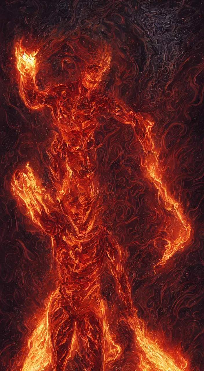 Image similar to full body concept art of Human Torch made with fire sparks by Marc Simonetti + beautiful eyes, beautiful face + symmetry face, symmetry body + border and embellishments inspiried by occult insignia, fractals in the background, galaxy + baroque, gothic, surreal + highly detailed, intricate complexity, epic composition, magical atmosphere + masterpiece, award winning + trending on artstation