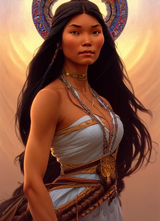 Image similar to portrait of pocahontas, intricate, elegant, highly detailed, my rendition, digital painting, artstation, concept art, smooth, sharp focus, illustration, art by artgerm and greg rutkowski and alphonse mucha and uang guangjian and gil elvgren and sachin teng, symmetry!!