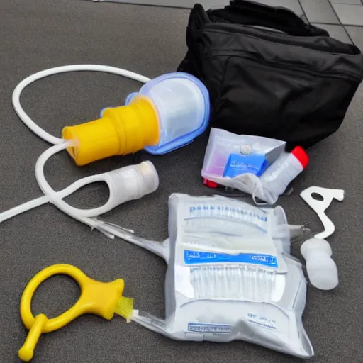 Prompt: saxophone made out of clear tubing, syringes, urine collection bag, iv pole, fluid bag, nebulizer equipment, bag - valve mask, defibrillator, coban