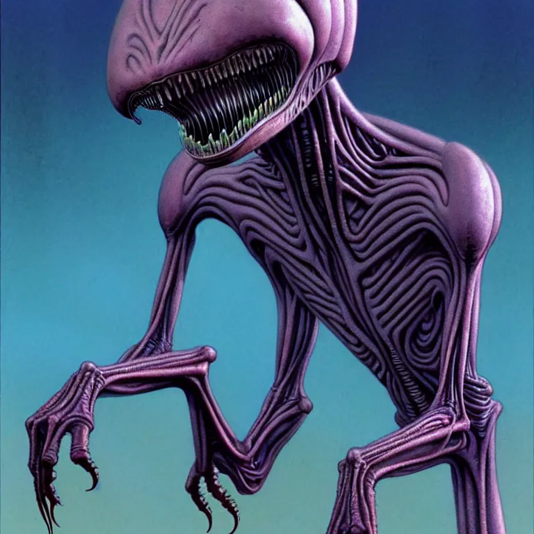 Prompt: a terriyfying alien designed by wayne barlowe and jim burns, animated by pixar