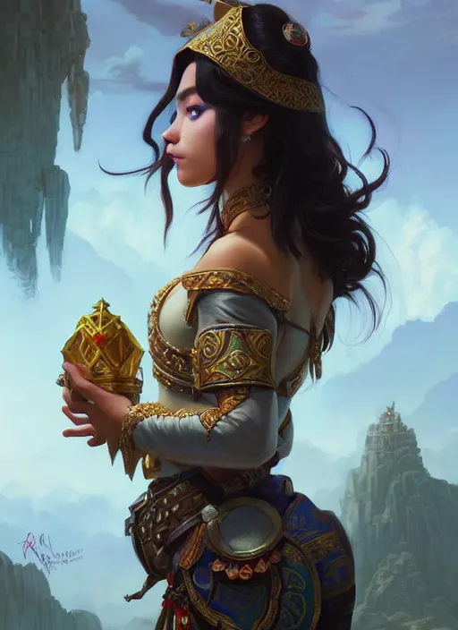 Image similar to portrait of russian mexican asian girl jodhpurs hyperborea lemuria, deep focus, d & d, fantasy, intricate, elegant, highly detailed, digital painting, artstation, concept art, matte, sharp focus, illustration, hearthstone, art by rhads by artgerm and greg rutkowski and alphonse mucha