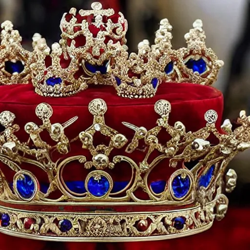 Image similar to a large ornate crown with sapphires and engraved runes, placed upon a crimson altar, d & d, photo