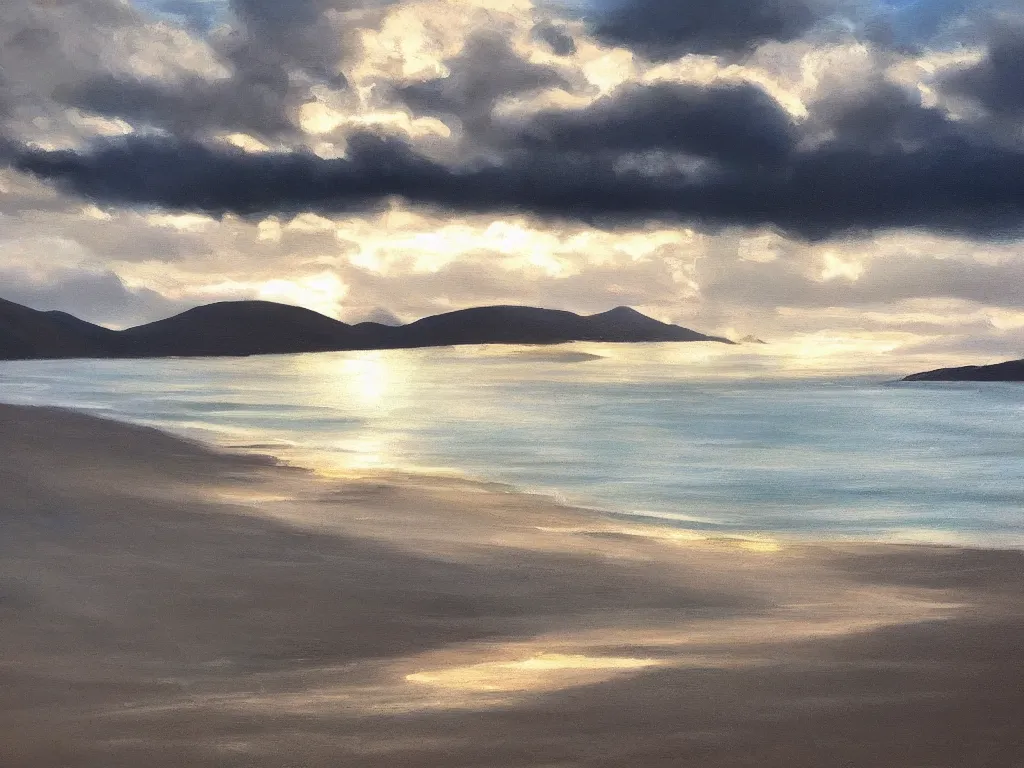 Prompt: beautiful oil painting of dramatic light over Luskentyre beach, Isle of Harris Scotland, beautiful composition, artstation