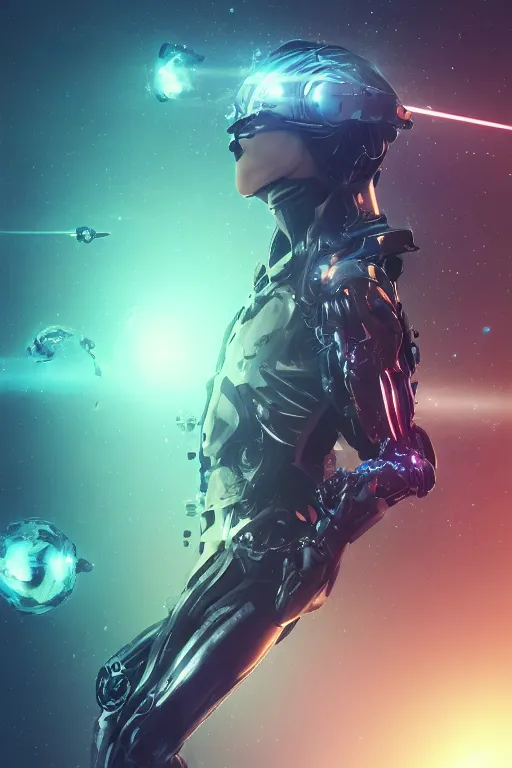 Image similar to ninja cyborg floating in space letting go of reality and experiencing the quantum feild, matte painting comic book art, cinematic, highly detailed, realistic, beautiful cosmic neural network, octane render, unreal engine, depth of field, trending on artstation, sharp focus, philosophical splashes of colors