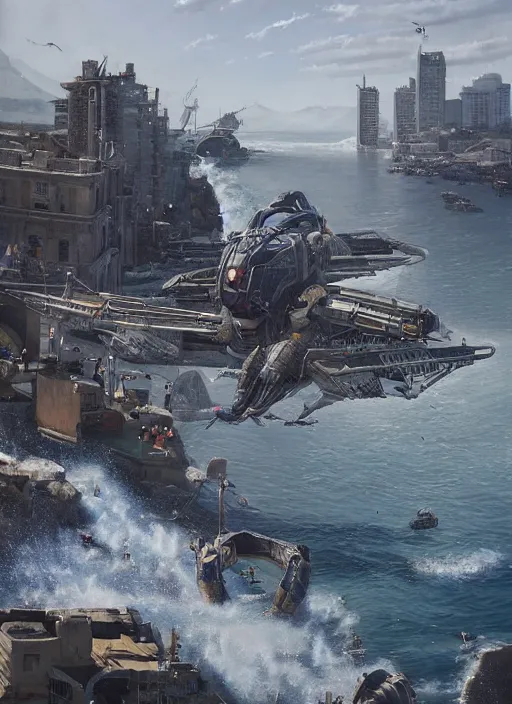 Prompt: hyper realistic robot attacking cape town city harbor beautiful details, strong composition painted by kim jung guweta studio rutkowski, james gurney and greg rutkowski, and lucasfilm