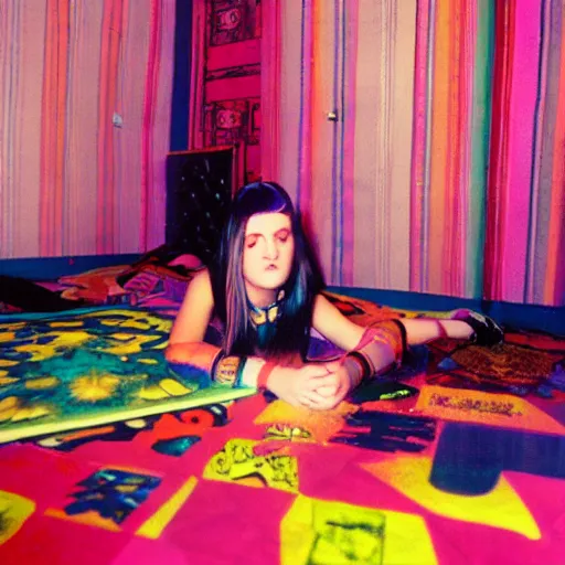 Prompt: rocker goth teen girl laying on the floor, writing on journal. 1970s colorful psychedelic bedroom. Trippy. Realistic. Photographic.