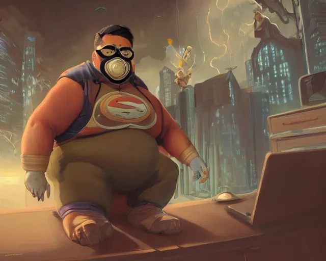 Image similar to an insanely detailed painting of a slightly chubby, nerdy asian man wearing a superhero costume and mask, sitting at a desk, staring at the nervously at the computer and typing, in the style of peter mohrbacher, dramatic lighting and composition, octane render, trending on artstation, concept art, comic book, view from behind