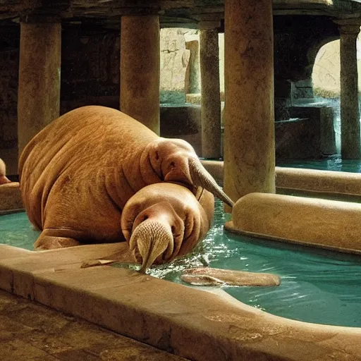 Prompt: a walrus with two tails laying in a old roman bathhouse