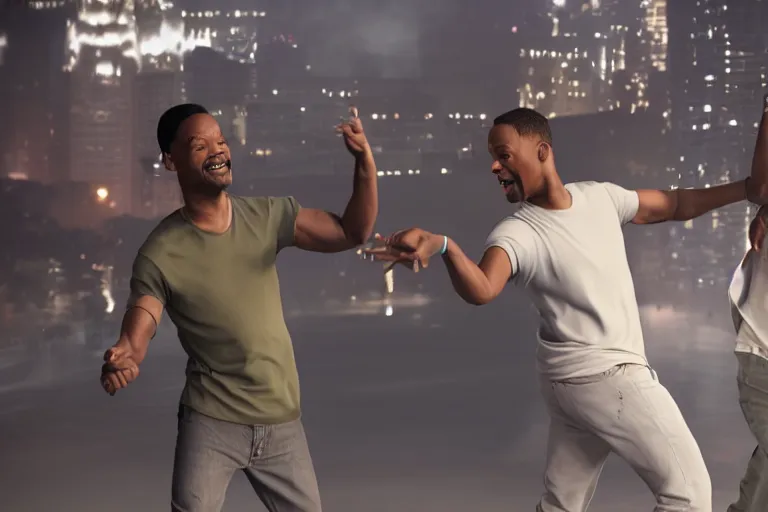 Prompt: will smith and chris rock dancing together. ultra-detailed, 8k, octane render