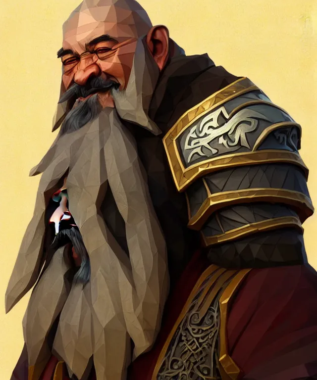 Prompt: 3D low poly render of old mongolian dwarven general portrait, armored, face, long hair, moustache, goatee, fantasy, intricate, elegant, highly detailed, digital painting, artstation, concept art, smooth, sharp focus, illustration, art by artgerm and greg rutkowski and alphonse mucha, in style of wold of warcraft