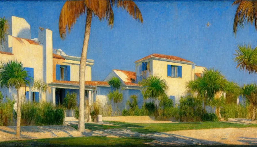 Prompt: a house designed by jules bastien - lepage, tarsila do amaral, frank weston and gustave baumann, beach, trending on artstation, mediterranean, palm trees, sharp focus, colorful refracted sparkles and lines, soft light, 8 k 4 k