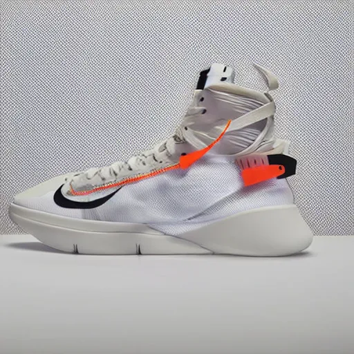 Image similar to a studio photoshoot of A Nike basketball sneaker designed by Virgil Abloh, mesh fabrics, Off-White, realistic, color film photography by Tlyer Mitchell, 35 mm, graflex