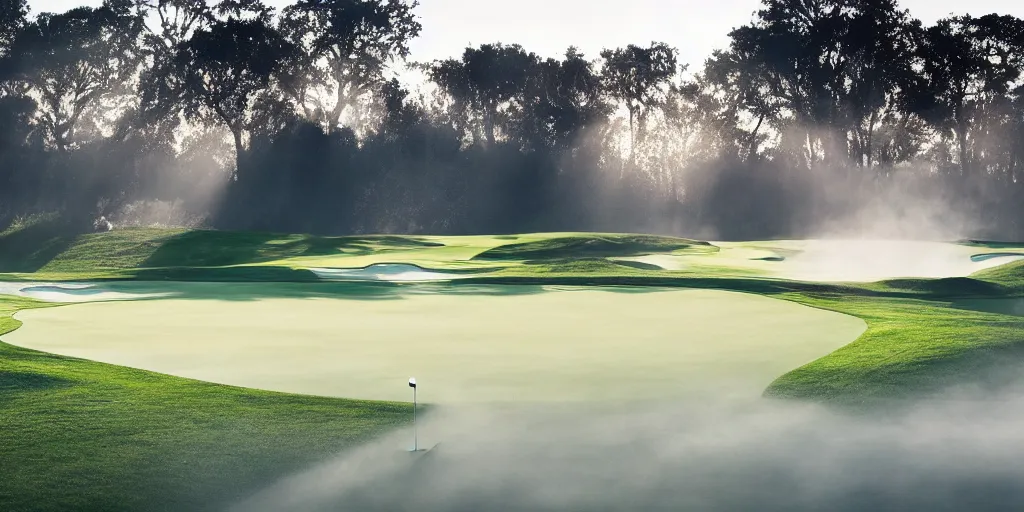 Image similar to a great photograph of the most amazing golf hole in the world, perfect light, under water, ambient light, 5 0 mm, golf digest, top 1 0 0, fog