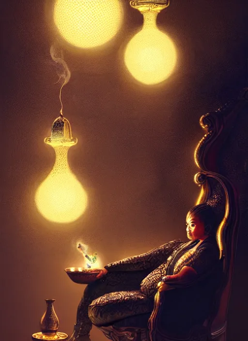 Image similar to portrait of a large black toad smoking a shisha, sitting in an armchair, intricate, elegant, glowing lights, highly detailed, digital painting, artstation, concept art, smooth, sharp focus, art by wlop, mars ravelo and greg rutkowski