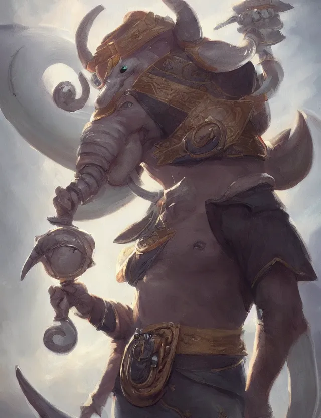 Image similar to portrait painting of a loxodon character wearing bard costume, dnd 5 e, trending on artstation, masterpiece, by ross tran and by greg rutkowski