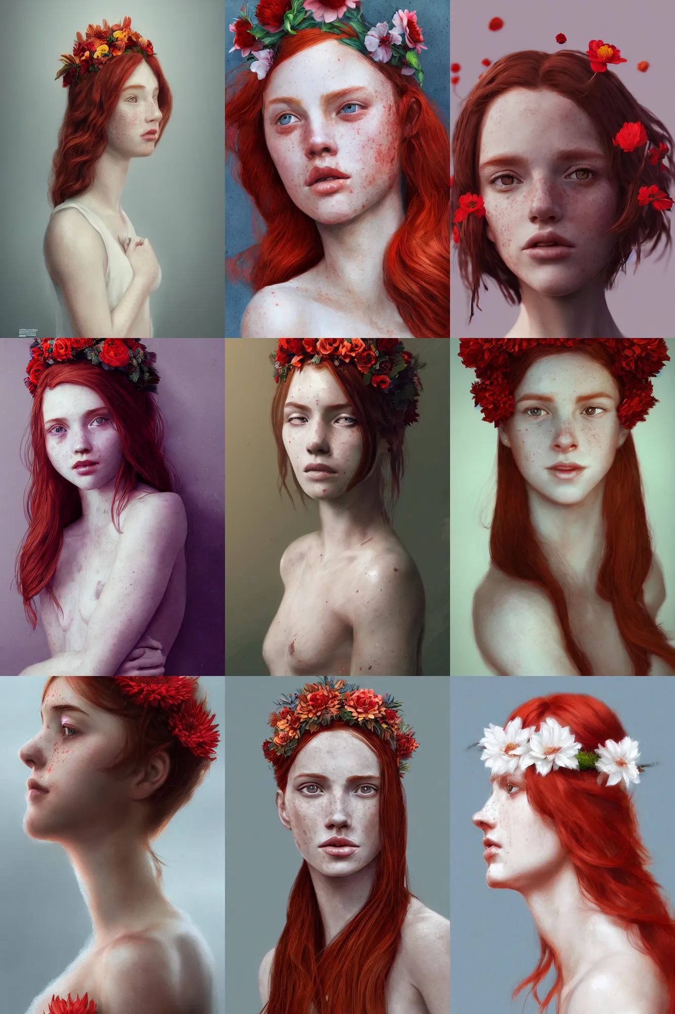 Prompt: A portrait of a beautiful red haired girl with freckles, wearing a flower headpiece, porcelain skin, cinematic lighting, photo realistic, highly detailed, 3D, octane render, digital painting, artstation, concept art, sharp focus, illustration, by greg rutkowski