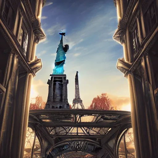 Image similar to Big city, The Statue of Liberty, Eiffel Tower, London Big Ben, photorealism, wide angle, concept art, cinematic atmosphere, elaborate, highly detailed, ornate, shiny, dramatic lighting, octane render, 4k, by Peter Kemp