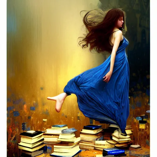 Image similar to A girl in a blue dress standing over a pile of books with golden locks down her back and a black cat at her feet, face, fantasy, intricate, elegant, highly detailed, digital painting, artstation, concept art, smooth, sharp focus, illustration, art by Krenz Cushart and Artem Demura and alphonse mucha