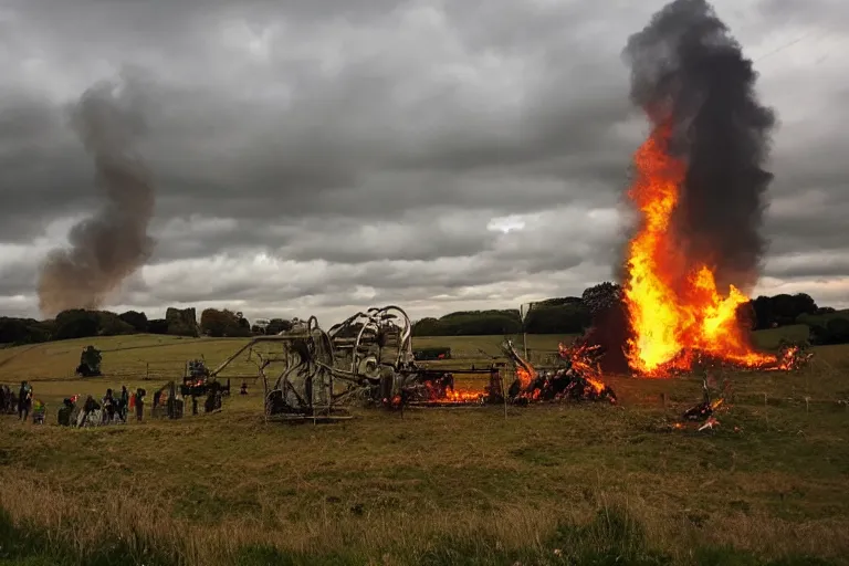 Prompt: beautiful english countryside, a ginormous destroyed streampunk machine lies broken in a field, large pieces everywhere, many people watching, fire and oil