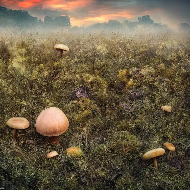 Image similar to a planet of various fungus, mushrooms and plants, inside the picture is infinity, sunset light, Atmospheric phenomenon, artistic photography, muted colors, conceptual, long exposure outside the city, volumetric light