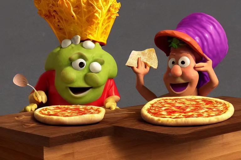 Image similar to cabbage character with pizza peel, royal walruss king wearing a crown, cooking pizza in a wood fired oven, highly detailed 3 d render, funny, surrealism, pixar