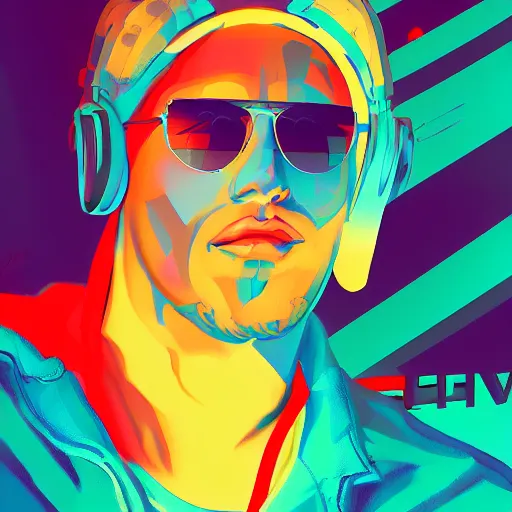 Image similar to art of a chill synthwave dude, digital painting, synthwave, vivid
