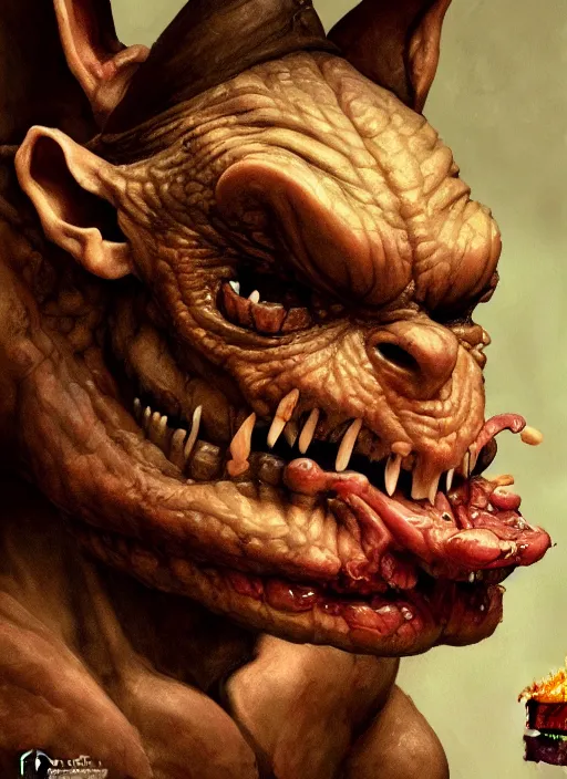 Image similar to closeup profile face portrait of a medieval goblin eating cakes in the cloisters, beautiful face, hyper realistic, highly detailed, digital painting, artstation, illustration, concept art by hyung tae, frank frazetta, bosch, giger, digital paint, matte paint, washed colors, dark, gloomy