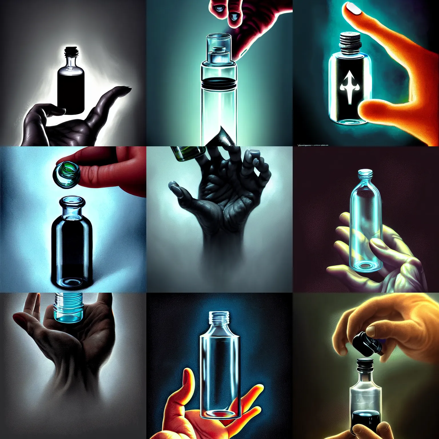 Prompt: detailed digital art of a normal hand holding a single tiny unlabeled clear medicine bottle half-full of mysterious black liquid; magic the gathering art by Volkan Baga, rk post, Lindsey Look, artstation