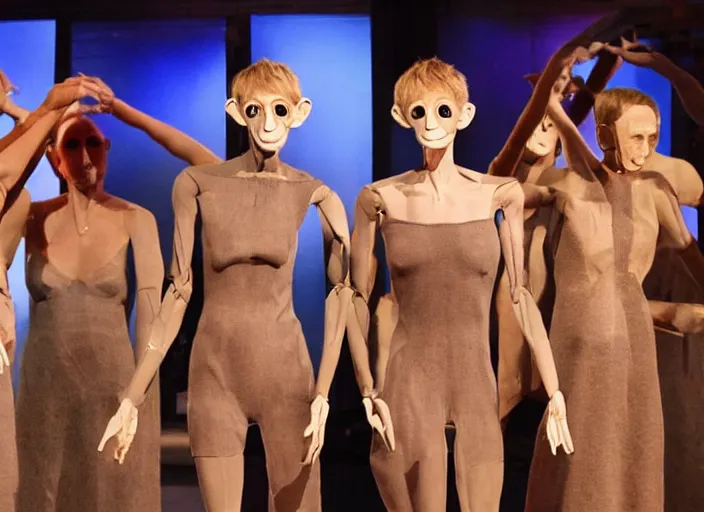 Prompt: illuminati ritual on stage stage of the elen degeneres show, dobby mannequins praising elen degeneres, detailed facial expression