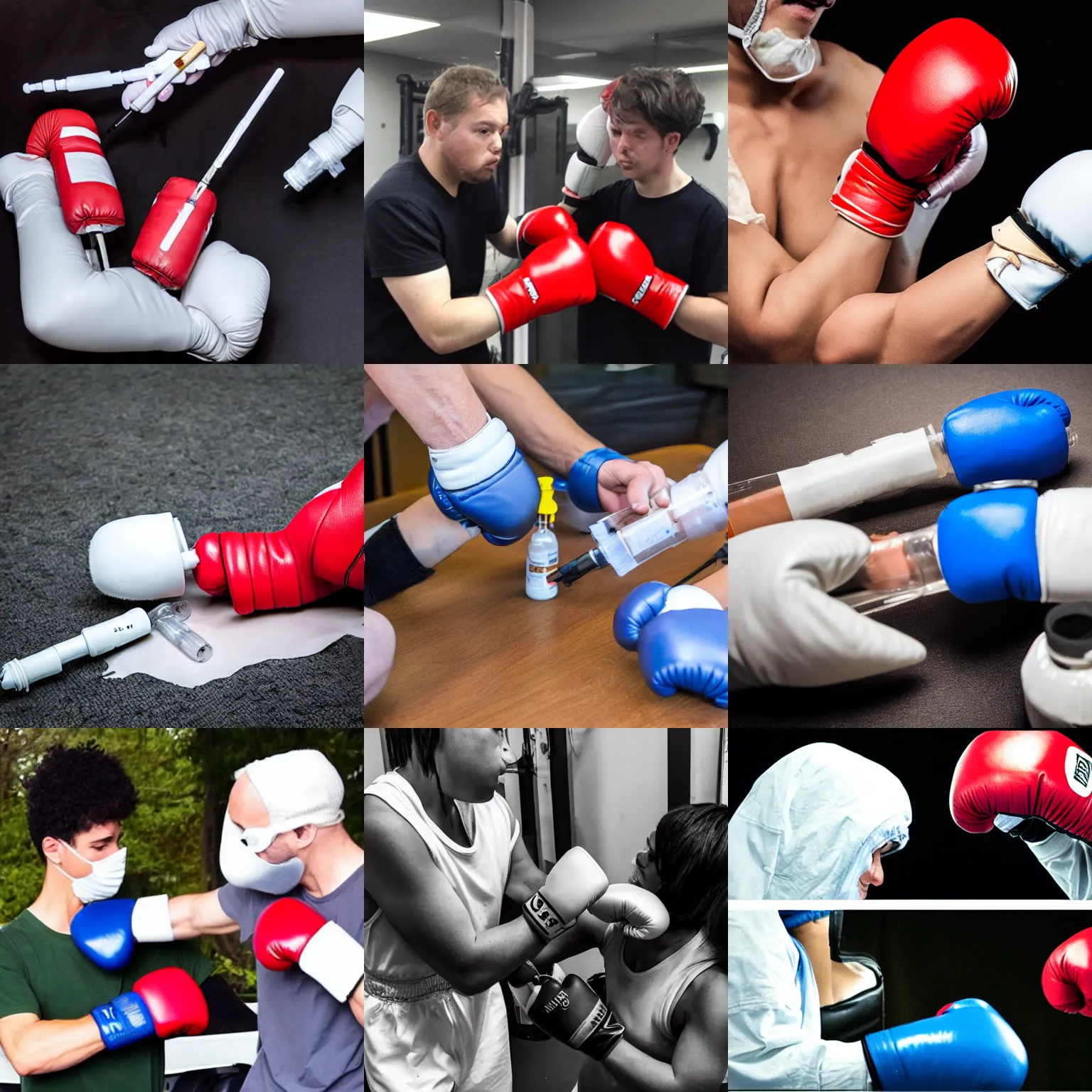 Prompt: Covid19 being beat up by a syringe with boxing gloves