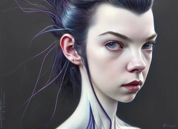 Image similar to portrait shot of anya taylor - joy in ghost in the shell, intricate, elegant, highly detailed, centered, digital painting, artstation, concept art, smooth, sharp focus, illustration, artgerm, tomasz alen kopera, peter mohrbacher, donato giancola, joseph christian leyendecker, wlop, boris vallejo biomechanical