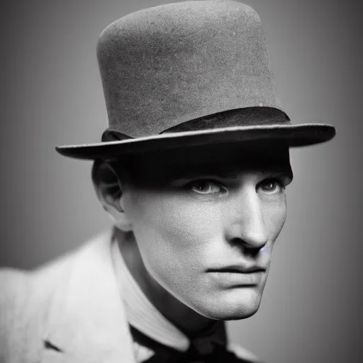 Image similar to A photograph portrait of Jerma985 wearing a homburg hat in the early 1920s, taken in the early 1920s, grainy, taken on a early 1900s Kodak Camera, realistic, hyperrealistic, very realistic, highly detailed, very detailed, extremely detailed, detailed, digital art, trending on artstation