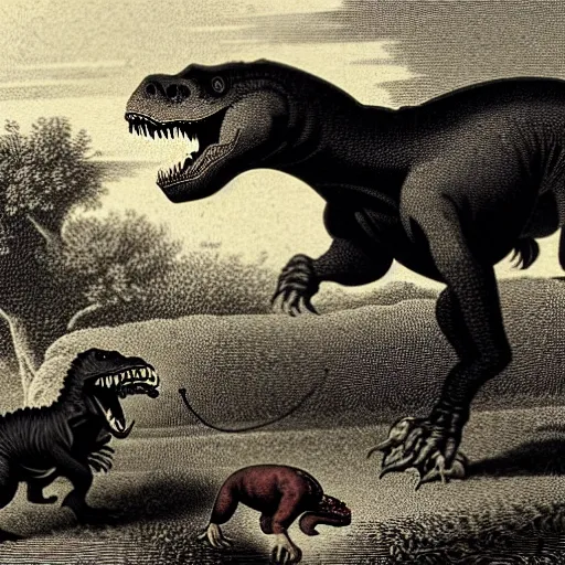 Prompt: antique lithograph from 1 8 0 0 of tyrannosaurus rex feeding his pet dog, running in a field