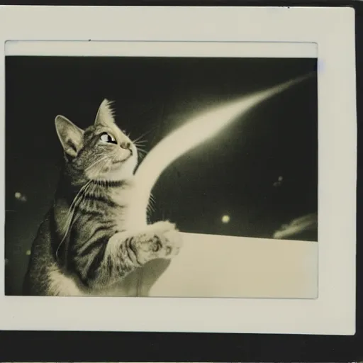 Image similar to polaroid photo of a cat watching a mushroom cloud in the background