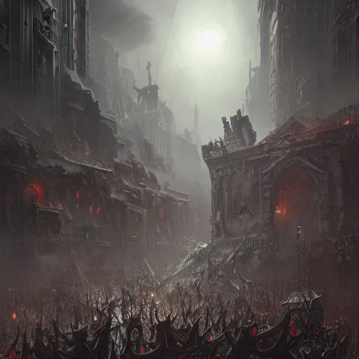 Image similar to a hoard of the dead about to take over a city, ultra detailed, fantasy illustration, by greg rutkowski