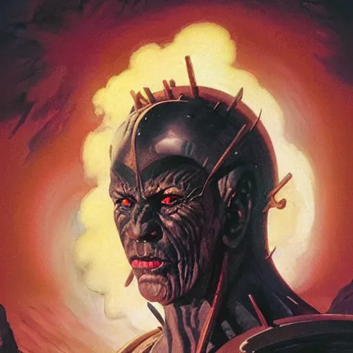 Image similar to head and shoulders portrait of an obsidian - skinned fire giant, d & d, fantasy, greg rutkowski, frank frazetta, alexandre chaudret, boris vallejo, michael whelan, miro petrov, hr giger, magali villeneuve, donato giancola