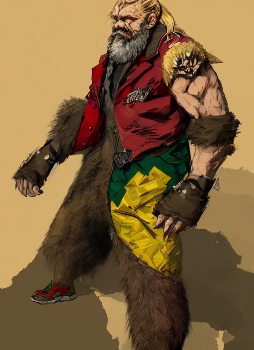 Image similar to Full body portrait of an old muscular man with blonde hair and beard wearing bear skin and red, green and gold jacket. In style of Yoji Shinkawa and Hyung-tae Kim, trending on ArtStation, dark fantasy, great composition, concept art, highly detailed.