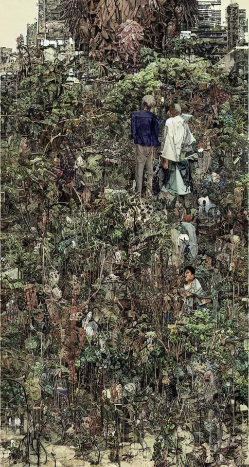 Image similar to on the street of abandoned town 2 people standing huddled together with spiny giant plants bursting through them, surreal, very coherent, intricate design, painting by Yoji Shinkawa, part by Norman Rockwell