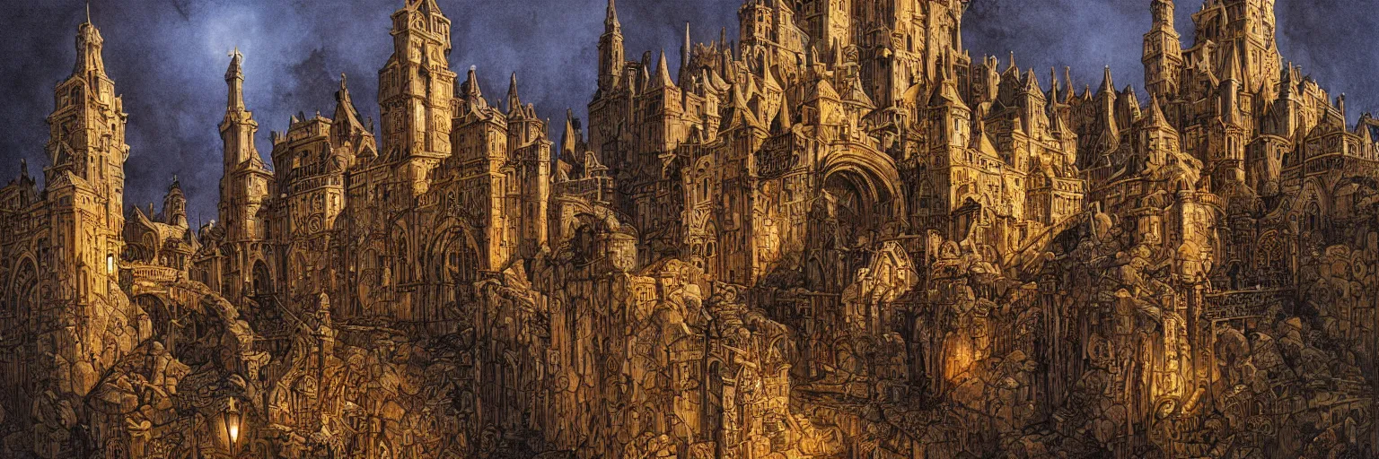 Prompt: ancient medieval city at night by michael whelan and michael kaluta, extremely hyperdetailed, intricate, ramparts, bulwarks, stone architecture, art nouveau ironwork, fortress wall