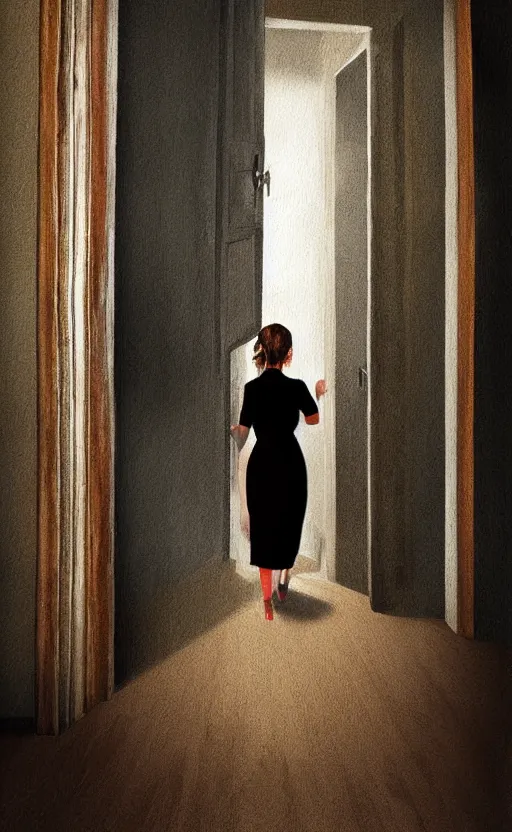 Image similar to servant girl walking in castle hallway, about to enter doorframe, half turned around, full body, realistic, digital painting