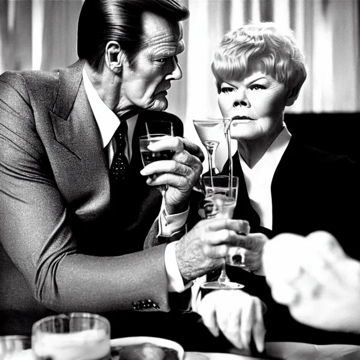 Prompt: hyper realistic, high detail photo of roger moore as james bond drinking martini with judy dench, beautiful, dreary lighting