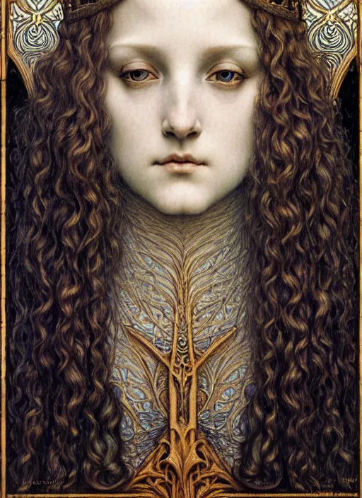 Image similar to detailed realistic beautiful young medieval queen face portrait by jean delville, gustave dore and marco mazzoni, art nouveau, symbolist, visionary, gothic, pre - raphaelite. horizontal symmetry