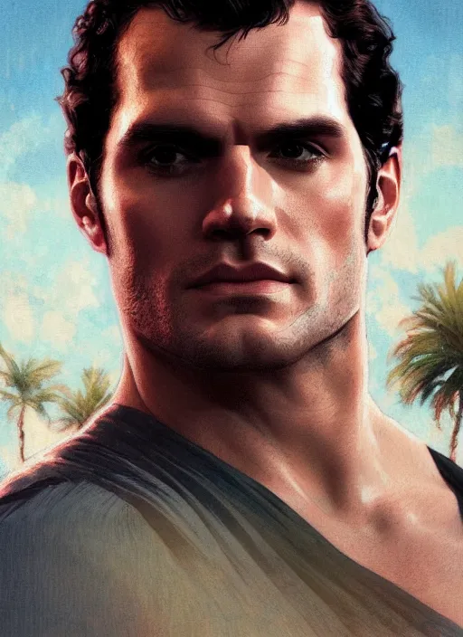 Image similar to portrait of henry cavill as james bond, key art, palm trees, vintage aston martin, highly detailed, digital painting, artstation, concept art, cinematic lighting, sharp focus, illustration, by gaston bussiere alphonse mucha