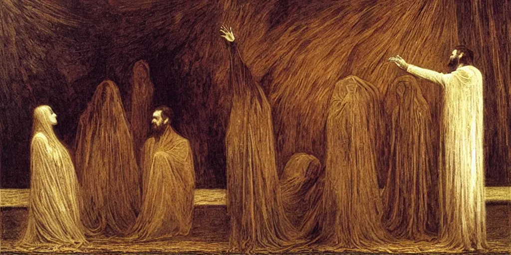 Prompt: a painting of John Dee spirit conversations by gustav moreau, jean delville and  Gaston Bussiere