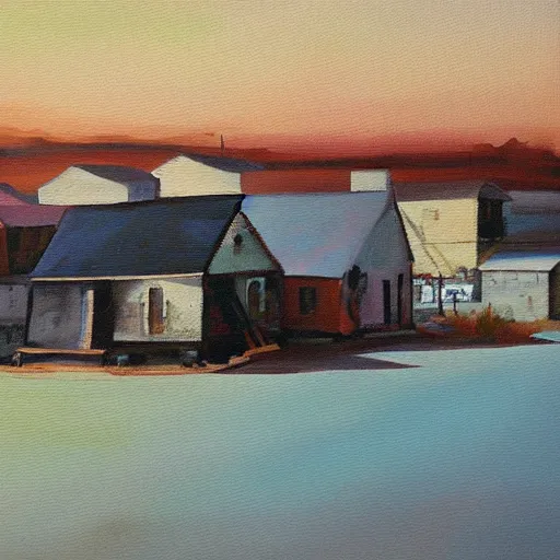 Image similar to a small town for the last remaining humans on the planet oil painting